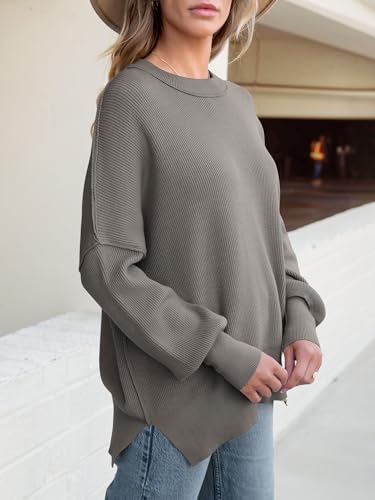 Image of ANRABESS Women Oversized Sweaters Batwing Long Sleeve 2026 Fall Outfits Crewneck Casual Knit Side Slit Fashion Pullover Top