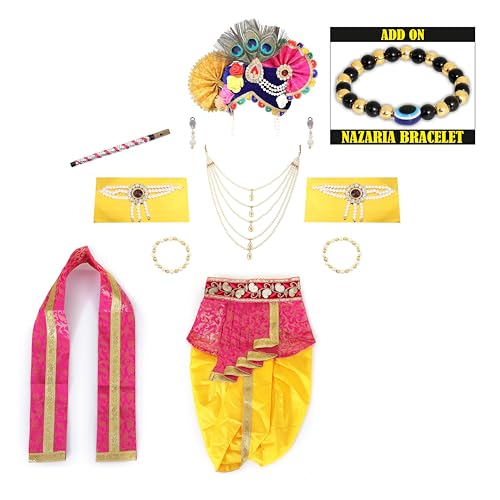 Image of Krishna Dress for Kids, Baby Krishna Dress for Janmashtami with Krishna Mukut, Peacock Feather & Flute Embroidered Krishna Costume for Girl & Boy, 3 Months-8 Years