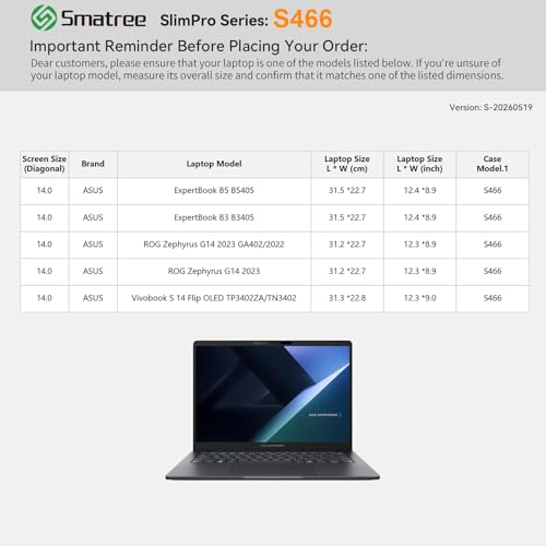 Image of Smatree SlimPro Laptop Case for 14 inch ASUS ExpertBook B5 B5405 | Compatible for ROG Zephyrus G14 2023 GA402 /2022, for Vivobook S14 Flip OLED TP3402ZA, Patented Super-Corner Design (S466)