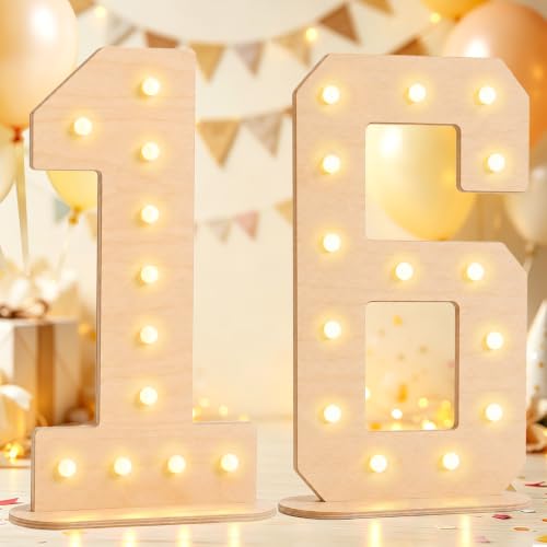 Pooqla 16th Birthday Decorations, 17.3 in Tall Wooden Light Up Numbers