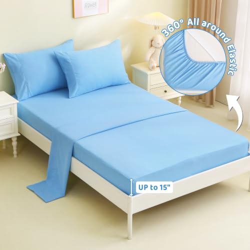 Image of Viviland 4 Pieces Boys Full Sheets Set Kids, Sky Blue Bed Sheets | Breathable & Soft Microfiber Kids' Sheet & Pillowcase Sets, Fitted Sheet with 15 inch Deep Pocket and Corner Straps, Easy Care