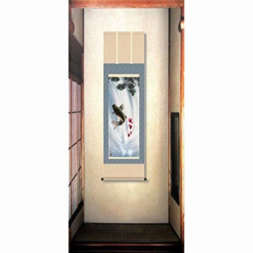 Amazon.co.jp: 森山観月『夫婦滝昇鯉(尺三立)』版画+手彩色 掛け軸