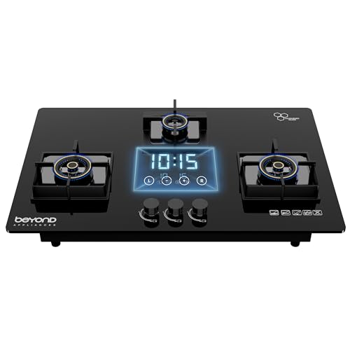 Beyond Appliances Dorado 3 Burner Smart Glass Hobtop Gas Stove | Auto Ignition | Digital Timer | Flame Failure Device | Toughened Glass | LPG & PNG Compatible