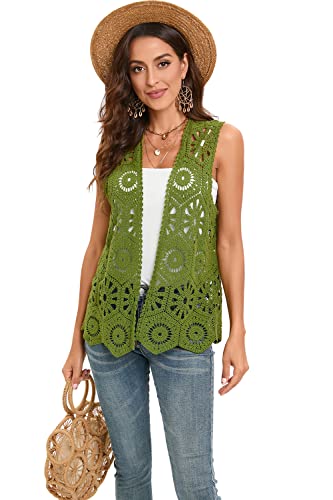 Women's Crochet Vest Sleeveless Boho Lace Cardigan (Geometry Olive)3