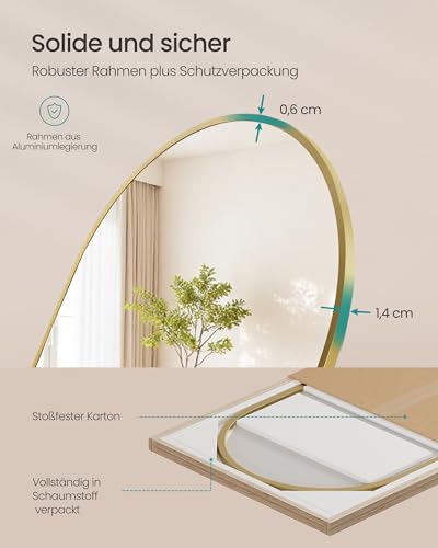SONGMICS Ganzkörperspiegel, 160 x 50 cm, gewölbter Standspiegel, Rahmen aus Aluminiumlegierung, Hartglas, abgerundete Ecke, für Schlafzimmer, Wohnzimmer, Garderobe, blassgold LFM051AB01