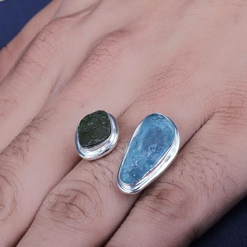 Natural Moldavite Ring 925 Sterling Silver Handmade Jewelry With Certified Gemstone From Czech Republic Aquamarine Silver Promise Ring Gift For Mens/Womens (Moldavite/Aquamarine)4