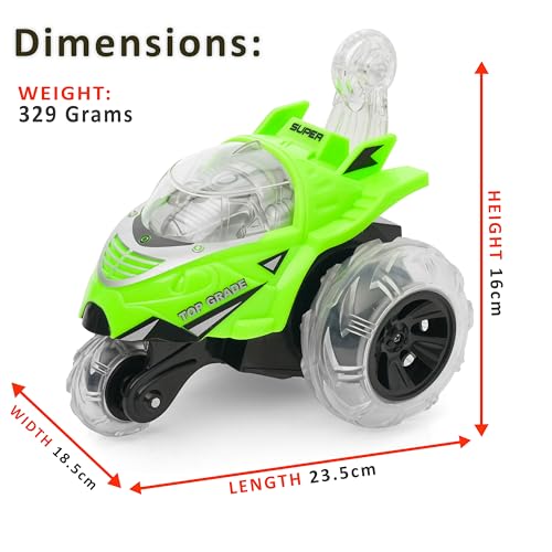Image of Gooyo GY-0242 Rechargeable Stunt Car Toy for Kids with Tornado Rotation, Reverse Drive Function, Demo Mode, Lighting Effect & Music | Remote & USB Included | Power Source: in-Built Battery | Green
