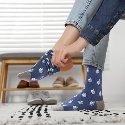 Image of Rite Lite Hanukkah Socks | Adult Crew Sock Size 8-12 Chanukah Blue & White Cozy Cotton /Polyester /Spandex Socks Jewish Holiday Party Favors Accessories Decorations Gifts Festival of Lights (Dreidels)