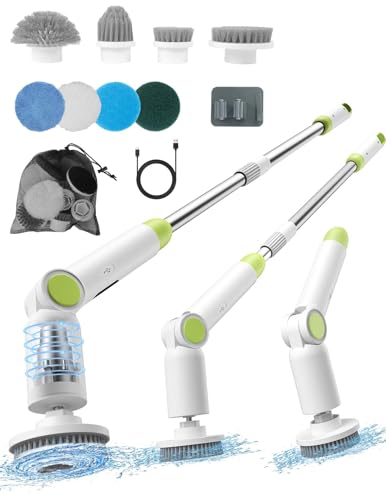 BioAura Brosse Électrique Nettoyage, Brosse Nettoyage sans Fil avec 8 Brosses remplaçables, Télécommande, Longueur Réglable 38-130CM et 2 Vitesses de Rotation pour Salle de Bain/Cusine/Voiture