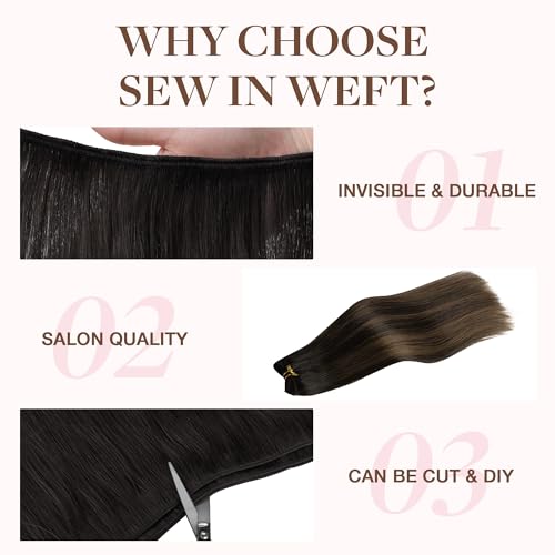 Image of GOO GOO Sew in Hair Extensions Real Human Hair, Weft Hair Extensions Human Hair, 1B /6 /1B Balayage Natural Black to Chestnut Brown 20inch 100g, Weft Bundles Straight Silky Remy Hair
