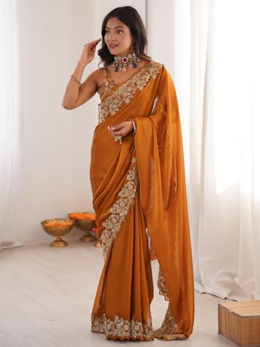 Image of AKHILAM Women's Satin Embroidered Sequins Work Saree With Unstitched Blouse Piece (AARYAN22901 KR Parent)