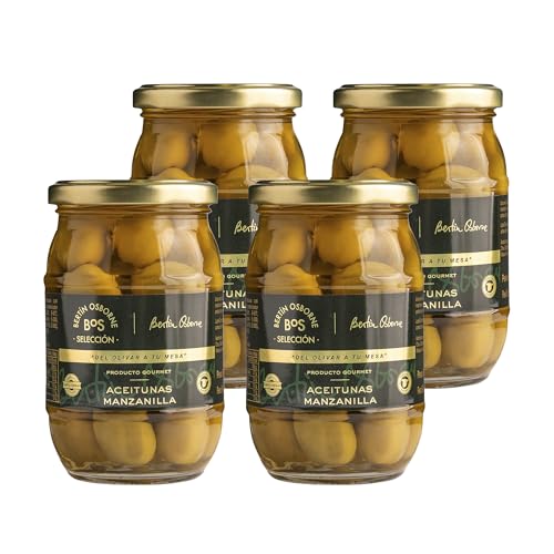 Aceitunas Manzanilla - 4 x 370g - Sabor Suave y Natural - BOS Selección by Bertín Osborne - Aperitivo Gourmet Español