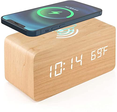 Wooden Digital Alarm Clock With Wireless Charging Pad For Bedroom For Iphone, Samsung, Item Bros Wood Led Clock With Sound Control Function, Time, Date, And Temperature Display (Bamboo Color) #TOP20