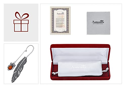 Ambedora Bookmark With Amber, Oxidised Sterling Silver, Oval Baltic Amber In Cognac Colour, Silver Bookmark Large Owl D. 11.5 Cm #TOP6