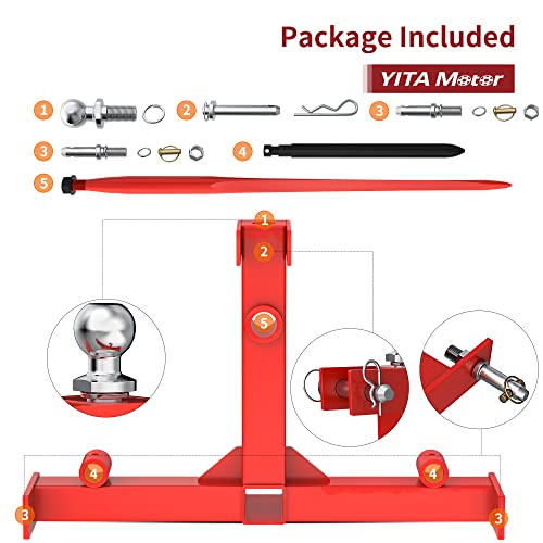 Yitamotor 3 Point Trailer Hitch With 2 Inch Receiver, 49" Hay Bale Spear & 2 Stabilizer Spears With Trailer Gooseneck Ball Drawbar For Category 1 Tractor, 3000 Lbs Capacity #TOP4