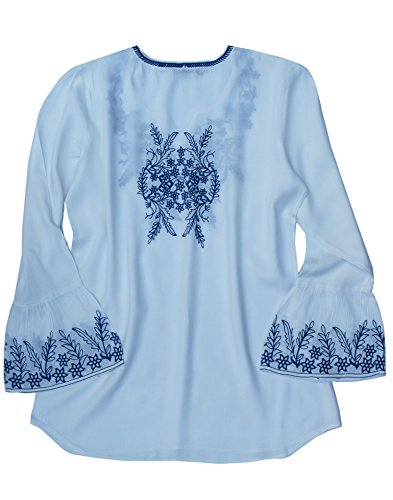 Ayurvastram Tia viscose raiom bordado, túnica de manga sino top buse, White With Blue Embroidery, 2X