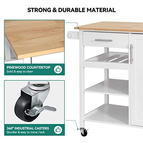 Yitahome Kitchen Island Cart, 4-Tier 37.8'' Rolling Kitchen Cart With Storage, Serving Utility Trolley Cart On Wheel With Drawer And Cabinet, Towel Rack, Wood Top, White #TOP5