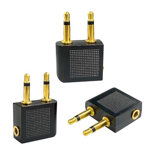 BlingKingdom 3 PCS Airplane Flight Headphone Adapter, Dual 3.5mm Male to 3.5mm Female Airplane Headphones Jack Adapter Plug Gold Plated Airplane Audio Adapter