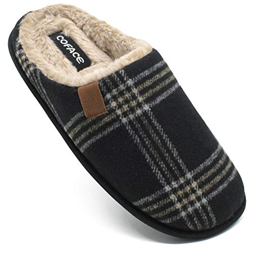 COFACE Mens Black Flano Plaid Cozy Memory Foam Scuff Slippers Slip On Warm House Shoes Indoor/Outdoor with Best Arch Surpport Size 10