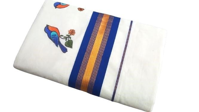 SouthLife® Kerala Set Saree With Hand Painted Blue Orange Bird