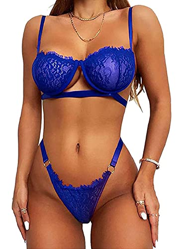 heekpek Lencería Mujer 2 Piezas Conjuntos de Sujetador y Bragas Encaje Ropa de Dormir Sexy Babydoll y Tanga Camisón Ropa Interior Push Up