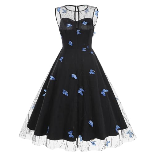 Image of IDOPIP Women's Elegant 3D Butterfly /Heart /Cherry Print Mesh Dress 1950s Vintage Formal Prom Party Wedding Guest Swing Dress