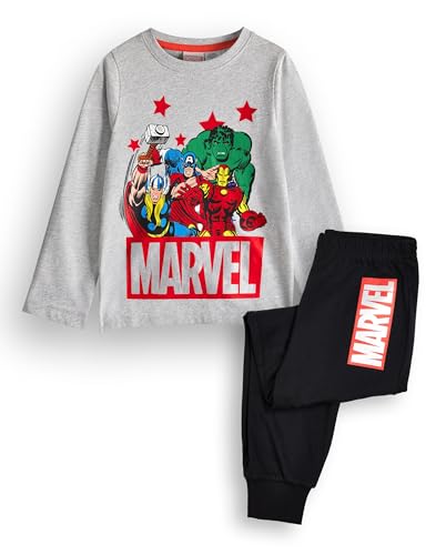 Marvel Avengers Jungen Pyjama-Set | Kinder Superhero Langarm Langbein Grafik Pyjamas in Grau und Schwarz | Thor Captain America Iron Man Der unglaubliche Hulk | Film Comic Nachtwäsche Merchandise