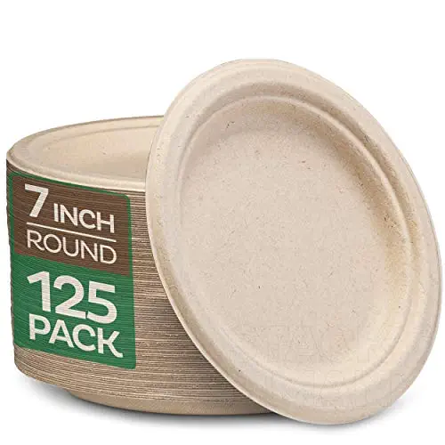 Paper Plates, 100% Compostable Heavy Duty, Disposable 7 Inch, Small Dessert Plate - [125-Pack] - {PFAS-Free} - {BPI Certified} Eco-Friendly, Biodegradable Bagasse Natural Brown 7&#34; Small Plates
