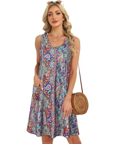 Image of elescat Womens Summer Dresses Casual V Neck Sleeveless Pockets Beach Loose Tank Sundress 2026