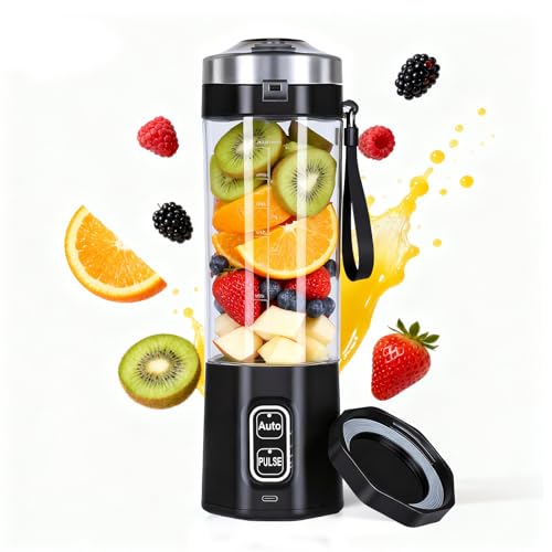 FRZA Licuadora Portátil Recargable USB, Batidora de Vaso Personal para Smoothies y Zumos, con Función Auto y Pulse, Color Negro