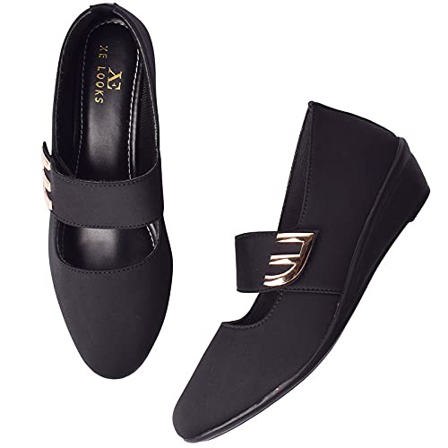 XE Looks Womens Black Wedge Bellies | Slip-On Design with Stylish Metal Detail | Comfortable Cushioned Footbed | Lightweight & Anti-Skid Sole Bellies For Girls & Womens (B09F9PPRZ7) Amazon Price History, Amazon Price Tracker