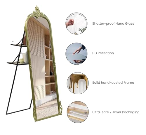 Image of Full Length Mirror with Ornate Frame Tall Standing Floor Mirror for Bedroom, Dressing Room & Living Room (Glam Gold (with Stand))