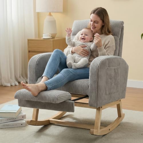 Image of NIOIIKIT Nursery Rocking Chair, Corduroy Upholstered Rocking Chair with Adjustable Footrest, Tufted Rocker Chair with Side Pocket, Glider Rocker for Living Room, Bedroom (Grey Comfy)
