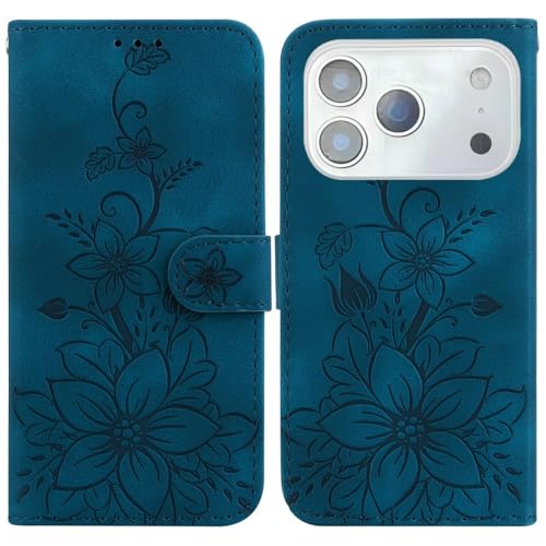Étui cuir iPhone 17 Pro bleu foncé idéal au quotidien avec motif floral chic