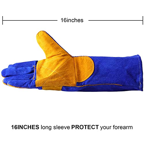 Image of Animal Handling Leather Gauntlet Gloves, Bite Proof Protection from Dog, Cat, Bird, Snake, Kevlar Stitch Gloves for Vets, Groomers, Pet Owners (Blue-Yellow, 16 inch, Pack of 1 Pair)