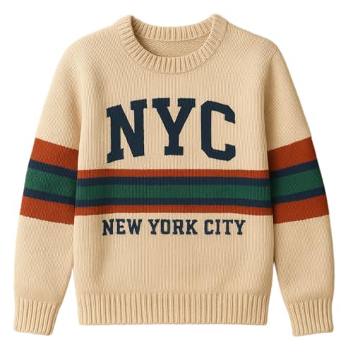 Unisex NYC Knit Sweater – Cream Pullover for Men and Women with Retro Stripes and New York City Lettering – Cozy Ribbed Crewneck Winter Jumper Small