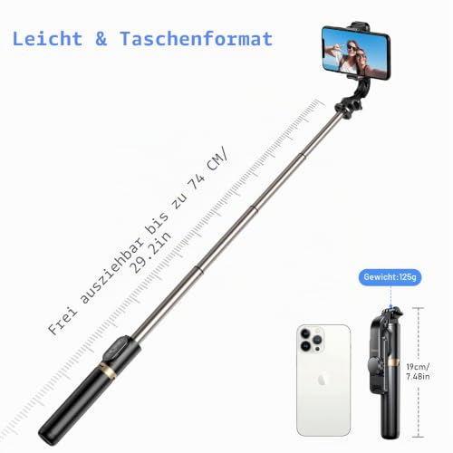 Foto von Selfie Stick Stativ, Blukar Erweiterbar 4 in 1 Selfiestick mit Kabelloser Fernbedienung, Handy Stativ aus Aluminium, 360° Drehbar Monopod Tragbar Handyhalter Kompatibel mit iPhone, Galaxy, Xiaomi usw.