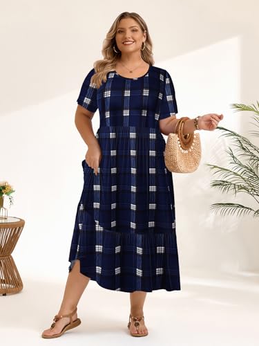 Image of LARACE Plus Size Dresses for Women Summer Casual Short Sleeve Long Dress Flowy Maxi Beach Dresses with Pockets L-6XL