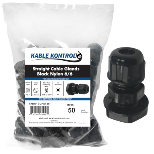 Kable Kontrol Nylon Cable Glands for 3.5-6mm Cable Size Straight Gland 7 PG 50 Pcs Cord Grips, Strain Relief, Waterproof Joint Wire Protectors for Industrial Use, Flame Retardant, RoHS Compliant