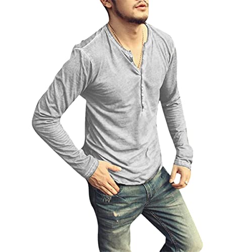 T-shirt homme col v manches longues boutons t-shirt slim automne gris 3XL