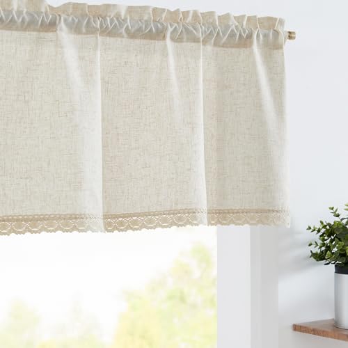 jinchan Linen Valance with Lace Trim Farmhouse Rustic Valance Curtain for Window 16 Inch Small Window Treatment for Living Room Dining Room Semi Sheer Light Filtering Rod Pocket 1 Panel Crud