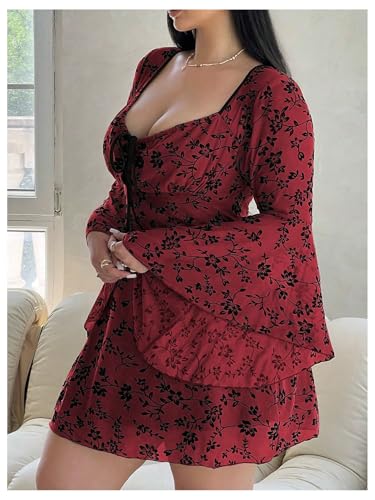 Image of Floerns Women's Plus Size Floral Gothic Dress Flare Long Sleeve Mesh Grunge A Line Dress
