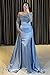 Prom Dresses Long for Women 2026 Satin Mermaid Off Shoulder Glitter Sequin Ruched Formal Bridesmaid Party Ball Gowns with Sleeves Champagne US14