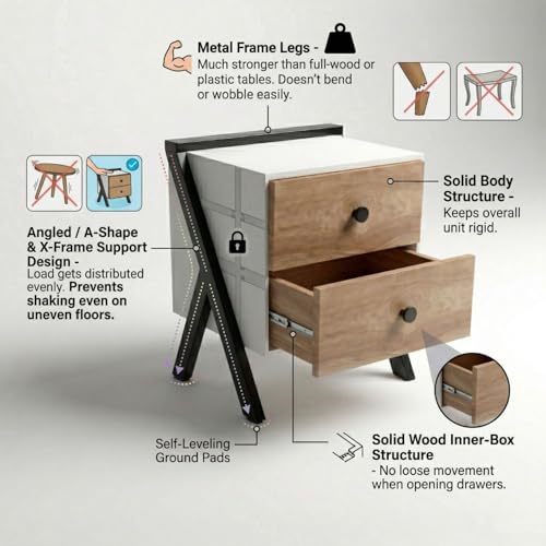 Image of FFO Modern Bedside Table with 2 Drawers | Wooden Nightstand with Metal Frame Legs | Compact Side Table for Bedroom | Storage Organizer Cabinet (60 x 35.8 x 45 cm).