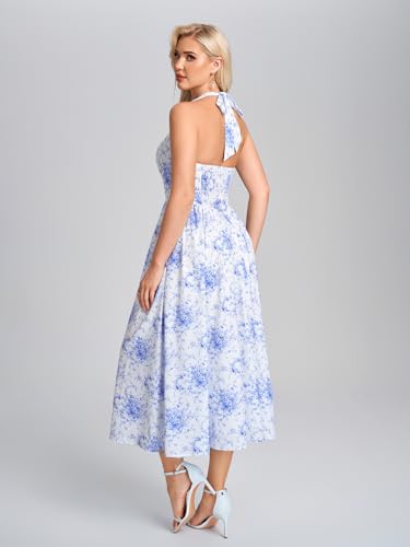 Image of Parthea Women's Floral Halter Corset Midi Dress 2026 Elegant Smocked Flowy Wedding Guest Dresses with Pockets