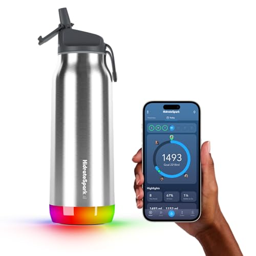 Hidrate Spark PRO Smart Water Bottle – Insulated Stainless Steel – Tracks Water Intake with Bluetooth, LED Glow Reminder When You Need to Drink – Straw Lid, 32oz, Brushed Steel