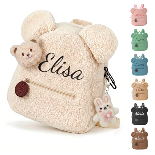 Personnalisable Sac a Dos Enfant, Broderie Petit Sac à Dos Bebe, Mini Cartable Maternelle Fille & Garcon, Peluche Doux Ours Teddy Sac Ecole Bébé Crèche pour L'école et Le Voyage 31cm x 24cm (Béige)