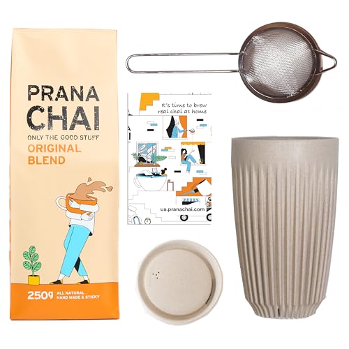Prana Chai Mezcla original Masala de 250 g + taza Huskee de 12 onzas con tapa + colador de malla fina de acero inoxidable