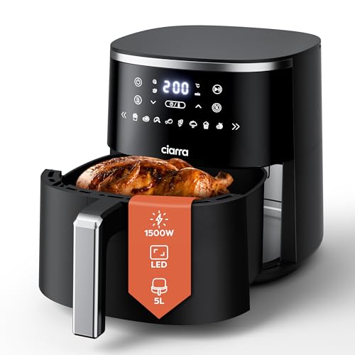 Ciarra Freidora de Aire 5L, Air Fryer Freidora sin Aceite Caliente 1500W con Pantalla LED Dietética y Digital Táctil, 8 Modos Preestablecidos, Color Negro CBAWAF1A