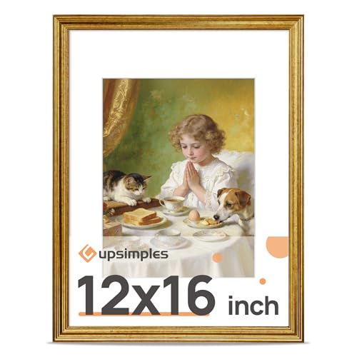 upsimples Vintage 12x16 Frame Antique Gold Frame Displays 8.5 by 11 with Mat or 12 x 16 Without for Vertical or Horizontal Wall Decor 1pack